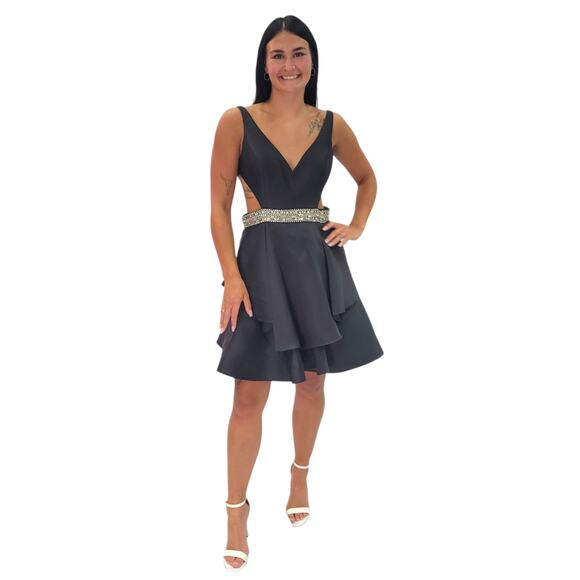 NWT Medium Short Black Satin Cocktail Dress Hoco Cutout - Picture 1 of 2